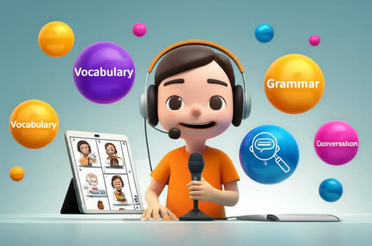 Visual-representation-of-vocabulary,-grammar,-and-speaking-practice-elements-in-an-interactive-learning-environment,-connected-by-learning-modules.