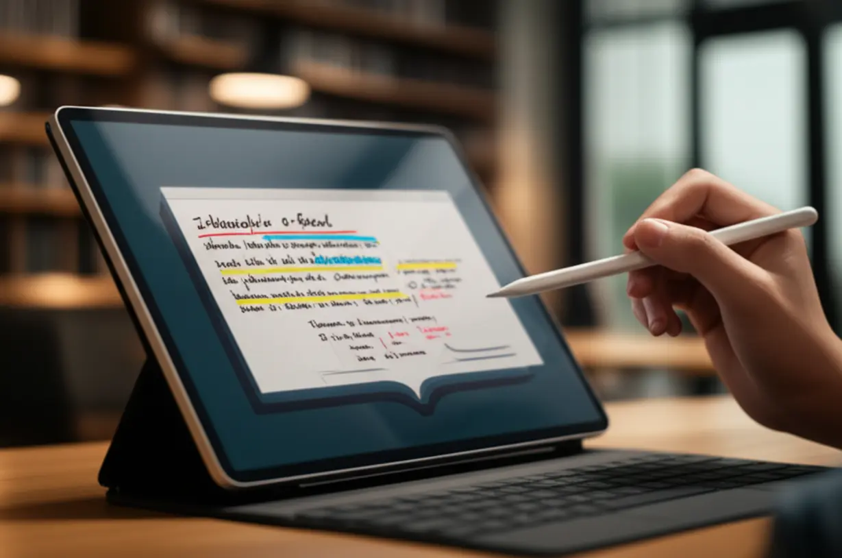 형광펜-표시와-필기가-된-대화형-전자책이-태블릿에-표시된-모습