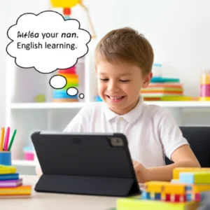 A-happy-child-learning-English-with-a-tablet-at-a-desk,-surrounded-by-a-cozy-study-room,-demonstrating-joyful-learning.