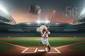 A-cute-3D-image-of-a-vibrant-baseball-stadium-at-dusk,-with-a-baseball-flying-over-the-fence-representing-a-home-run-record.