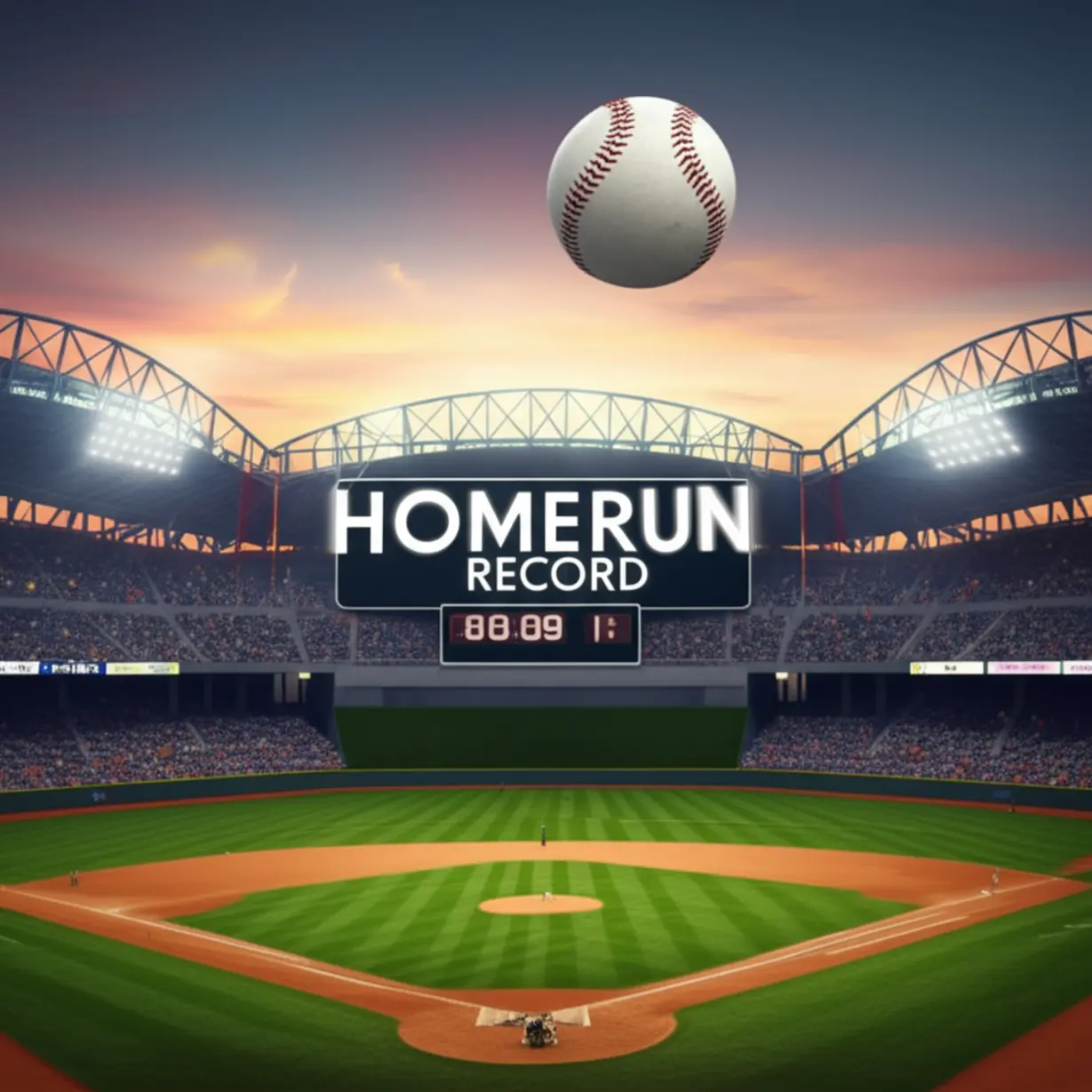A-vibrant-3D-rendering-of-a-baseball-stadium-at-sunset,-featuring-a-scoreboard-with-a-high-home-run-record-and-a-baseball-in-flight.