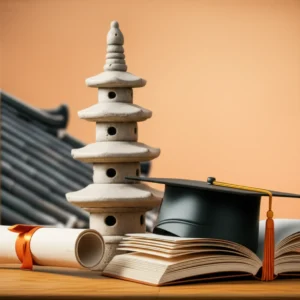 A-3D-rendering-depicting-traditional-Korean-cultural-heritage-items-and-academic-symbols,-representing-the-Korea-National-University-of-Heritage.