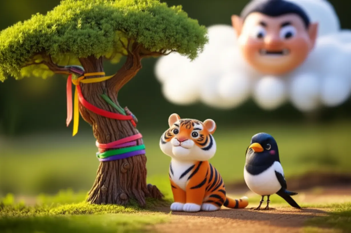 A-cute-3D-image-featuring-a-friendly-tiger-and-a-magpie-near-a-sacred-Korean-_dangsan_-tree,-with-a-playful-_dokkaebi_-observing,-set-in-a-peaceful-traditional-Korean-landscape.