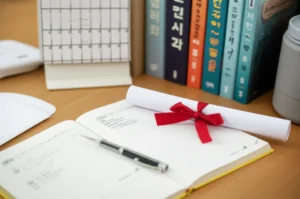 책,-펜,-달력이-있는-책상에서-한국실용글쓰기-시험을-준비하는-귀여운-3D-이미지