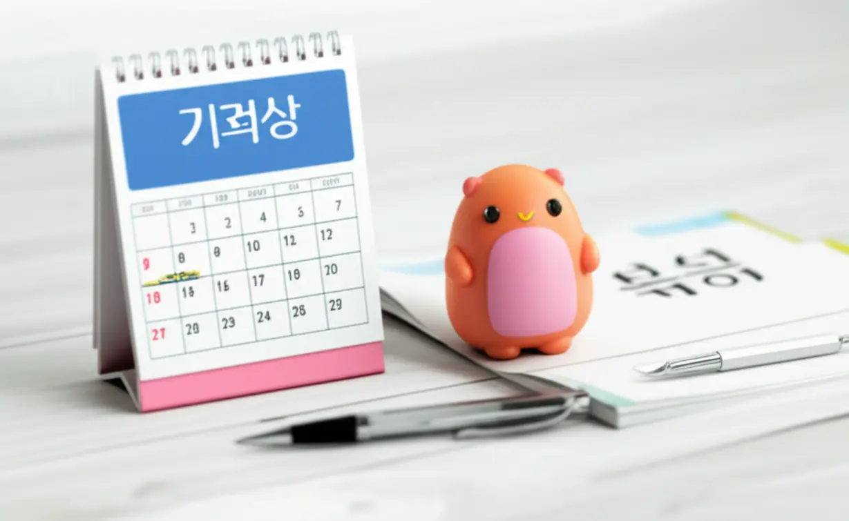 하이라이트된-날짜가-있는-달력,-펜,-한국어-책이-있는-귀여운-3D-이미지