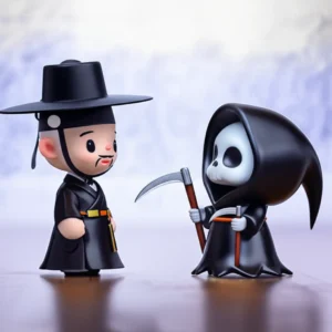 A-cute-3D-illustration-showing-a-stylized-Korean-Jeoseung-Saja-in-traditional-black-robes-and-a-gat-interacting-friendly-with-a-cute-3D-Western-Grim-Reaper-in-a-hooded-cloak-with-a-small-scythe,-highlighting-cultural-differences.