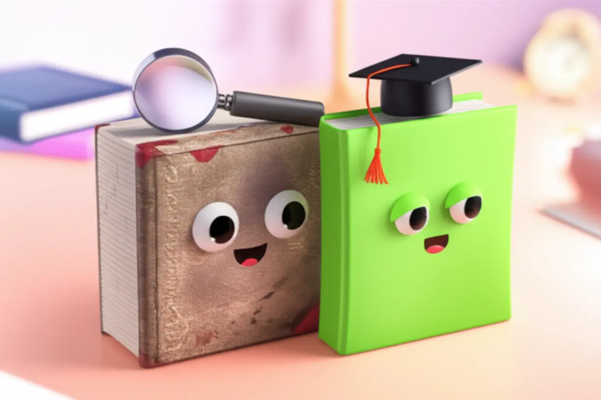 두-권의-대비되는-스타일의-책.-한-권은-두껍고-낡은-1급,-다른-한-권은-새롭고-밝은-2급을-나타냄.