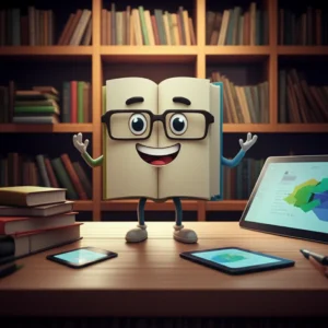 A-cute-3D-illustration-of-a-friendly-book-character-in-a-modern-library,-symbolizing-the-role-of-a-librarian-in-managing-diverse-information-sources.