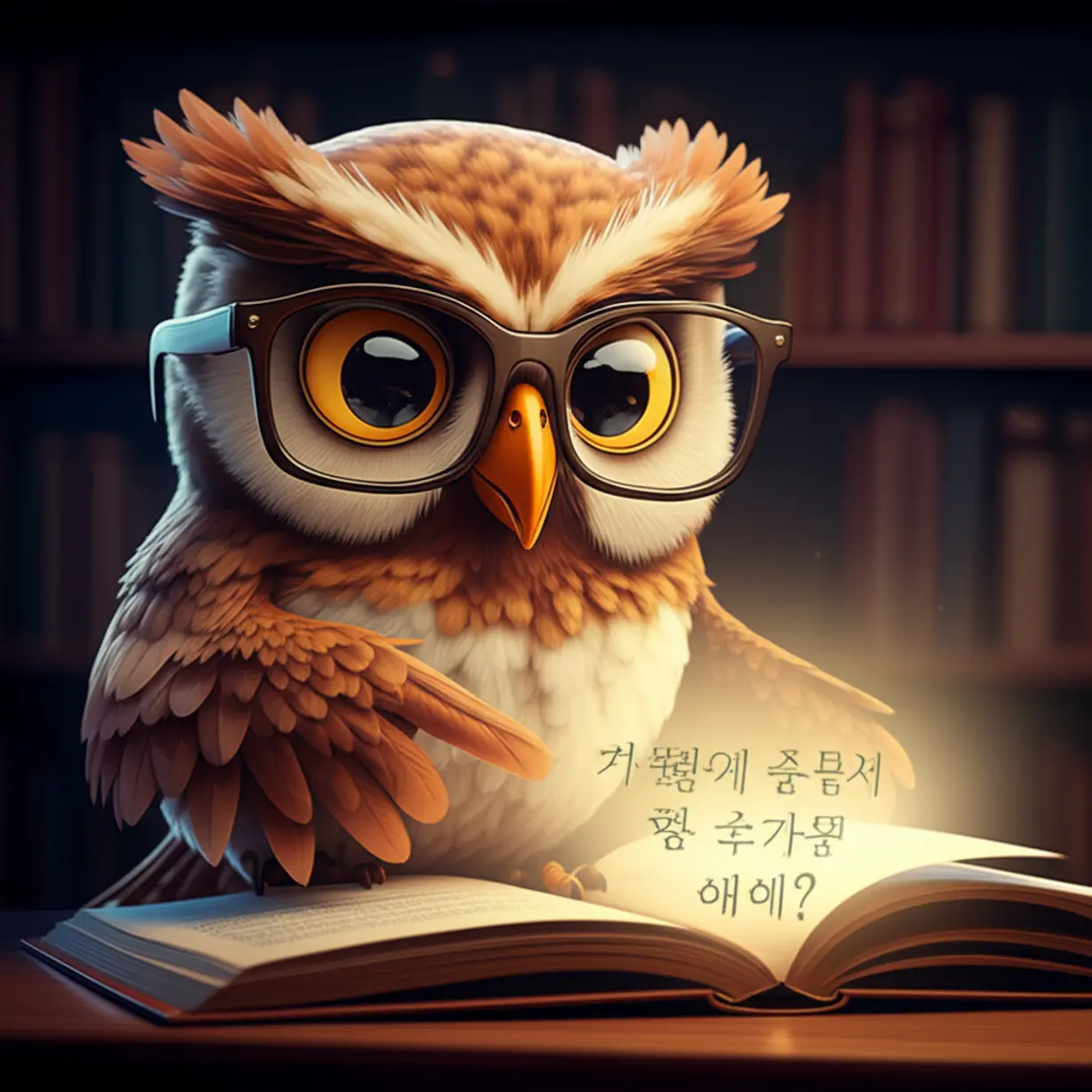 A-cute-3D-cartoon-owl-with-glasses-pointing-to-an-open-book-displaying-a-correct-Korean-word,-emphasizing-proper-usage.