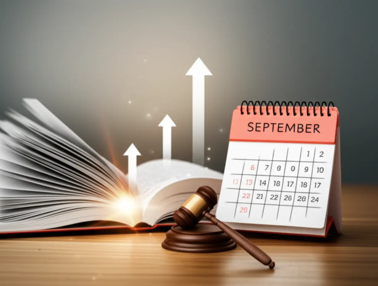 A-3D-image-showing-a-law-book,-a-calendar-highlighting-September-9th,-and-a-gavel,-symbolizing-the-legal-establishment-and-importance-of-Skilled-Workers