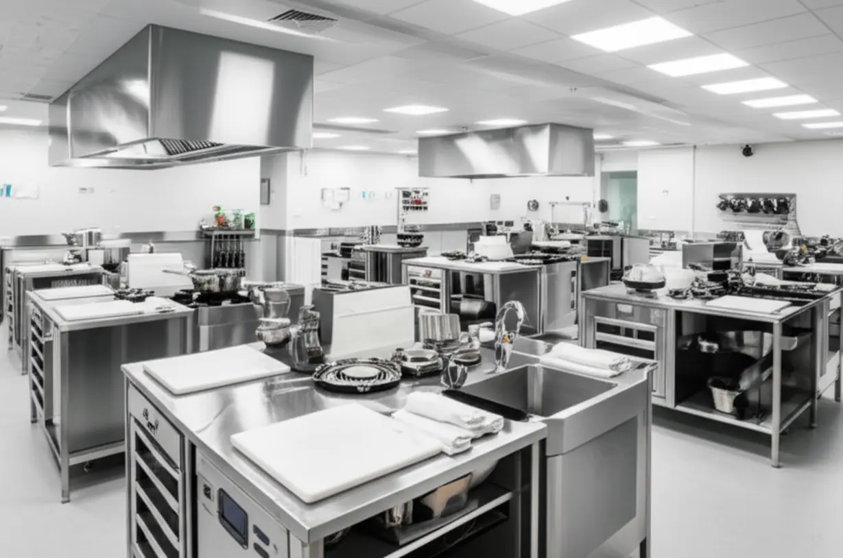 A-3D-illustration-of-a-state-of-the-art-kitchen-academy-classroom-with-professional-equipment-and-individual-cooking-stations,-ready-for-students.