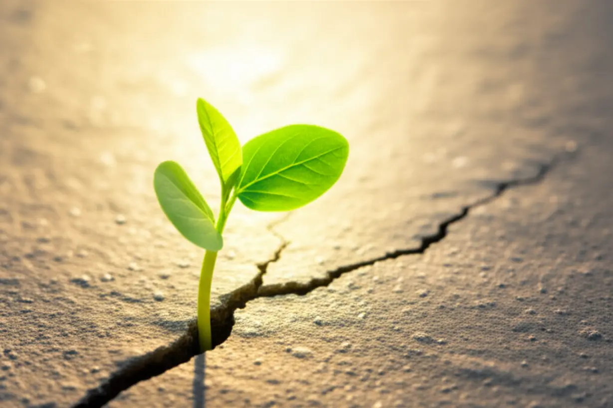 Seedling-pushing-through-concrete-towards-sunbeam,-symbolizing-resilience-and-progress.