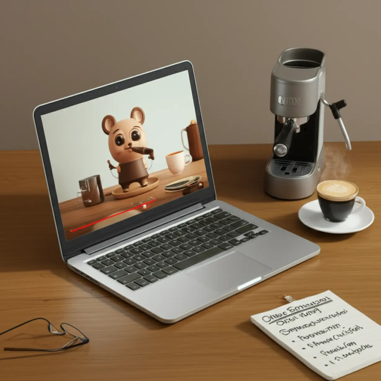 A-3D-rendering-of-a-laptop-showing-online-barista-lessons,-with-a-notepad,-coffee-cup,-and-mini-espresso-machine,-depicting-effective-online-study.