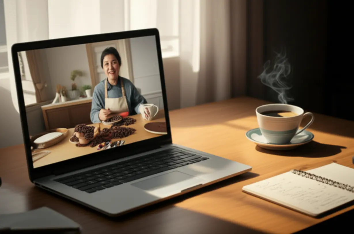 A-cute-3D-image-of-a-desk-with-a-laptop-showing-an-online-barista-course,-a-coffee-cup,-and-a-notebook,-bathed-in-soft-sunlight.