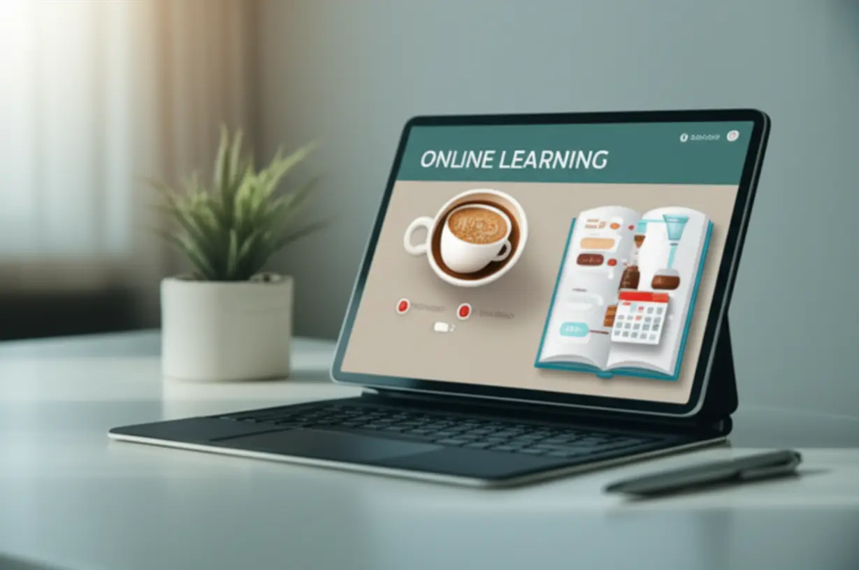 A-cute-3D-illustration-of-an-online-learning-platform-on-a-digital-tablet,-an-open-virtual-textbook-on-coffee,-and-a-calendar-icon,-representing-online-barista-study.