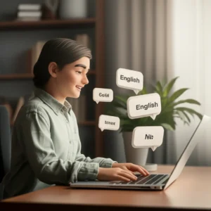 A-happy-student-learning-English-online,-with-speech-bubbles-and-a-cozy-study-room-background,-symbolizing-effective-and-joyful-learning.
