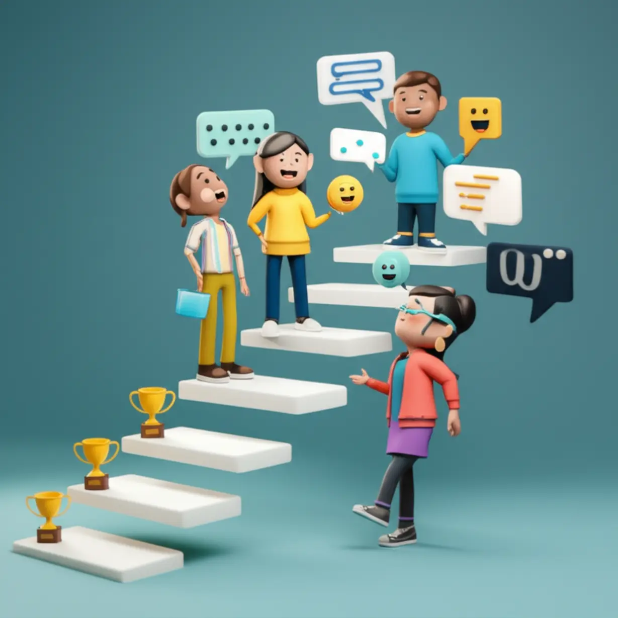Diverse-students-collaborating-in-an-online-English-community,-with-a-ladder-symbolizing-progress-and-trophies,-showing-a-supportive-learning-environment.