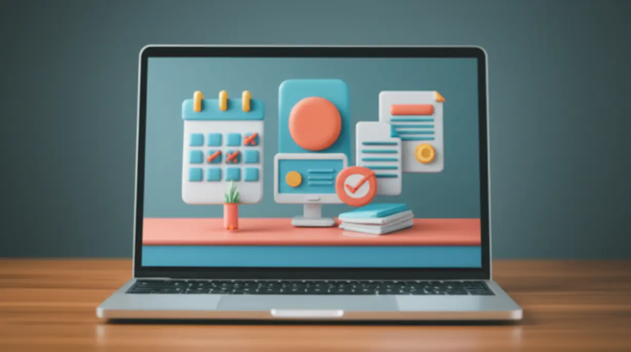 A-cute-3D-depiction-of-a-laptop-with-an-online-lecture,-alongside-digital-icons-of-official-documents-and-a-calendar,-symbolizing-convenient-online-study-and-organized-administrative-procedures.