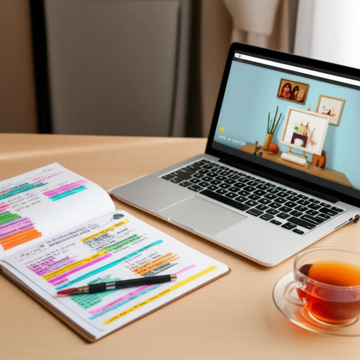 A-cozy-study-corner-with-a-laptop-showing-an-online-lecture,-a-notebook-with-colorful-notes,-and-a-cup-of-tea,-representing-online-learning.