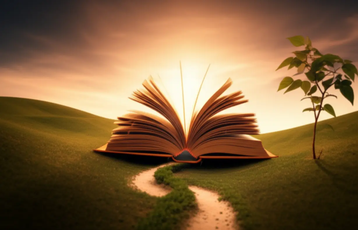 A-cute-3D-image-of-an-open-book-with-light-radiating-from-its-pages,-illuminating-a-winding-path-up-a-hill,-symbolizing-overcoming-challenges-and-continuous-learning.
