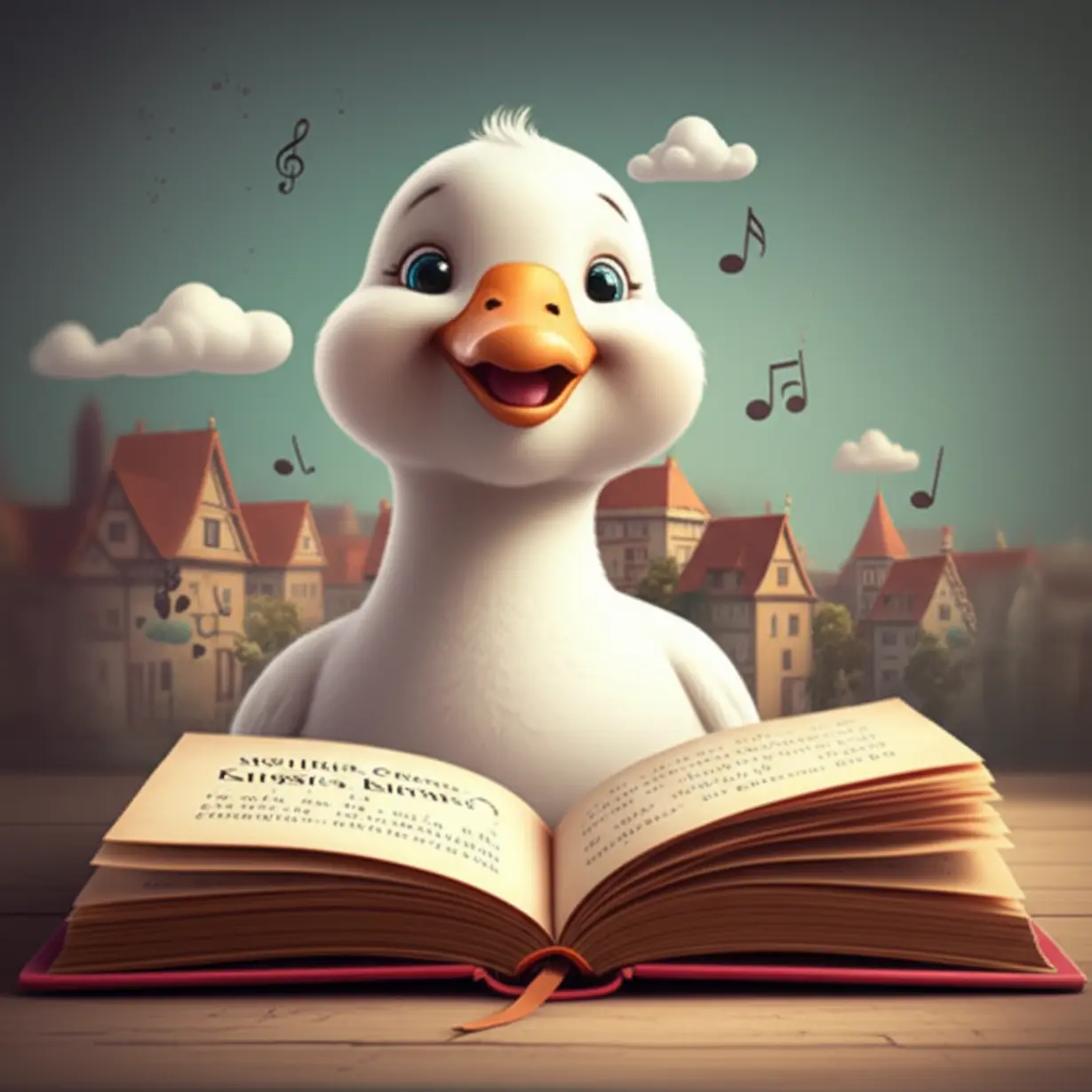 마더구스-동화책과-거위-캐릭터,-중세풍-마을-배경의-귀여운-3D-이미지