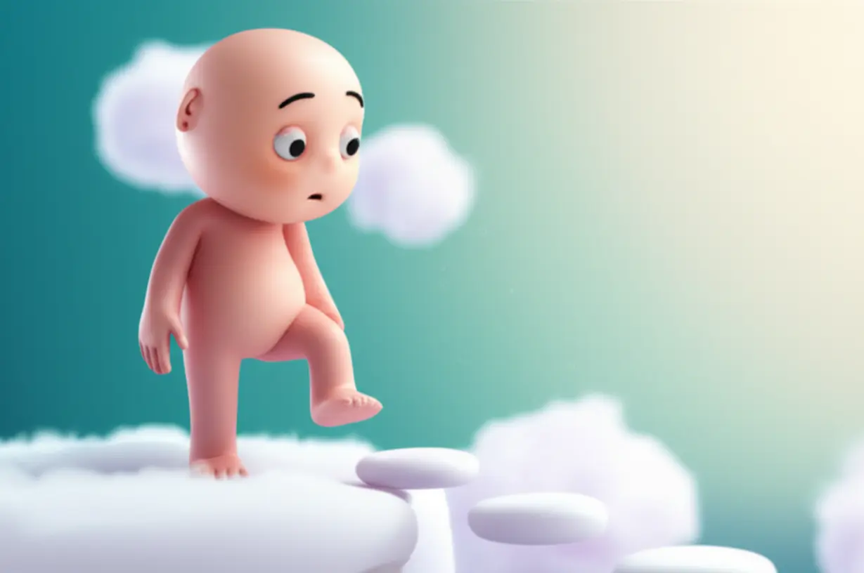 A-cute-3D-character-hesitantly-stepping-forward-from-a-cliff,-symbolizing-the-act-of-beginning-despite-fear.