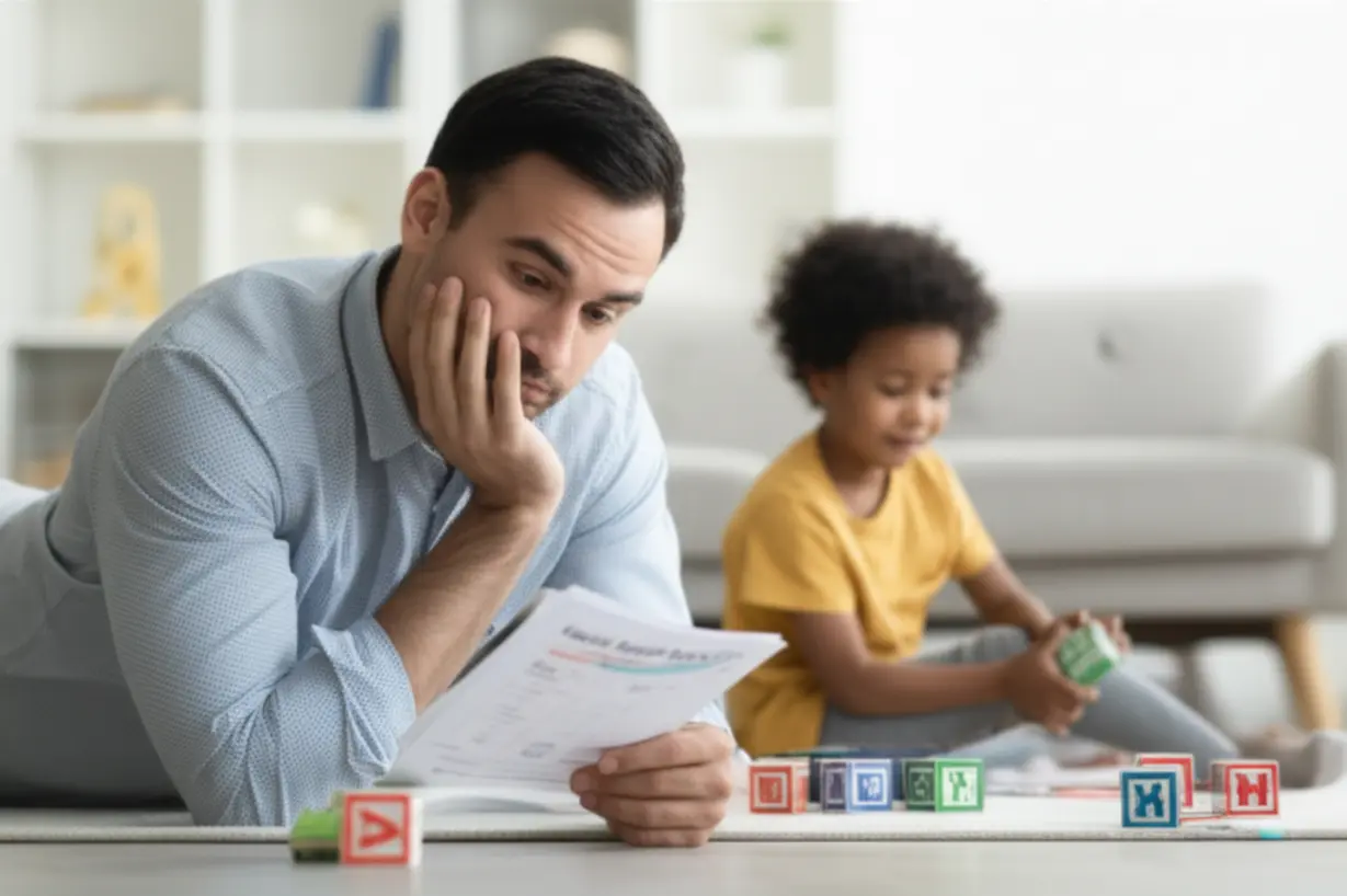 A-parent-contemplating-an-English-report-card-while-a-child-plays-with-alphabet-blocks,-symbolizing-common-educational-concerns-regarding-elementary-English.