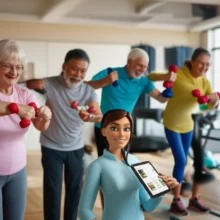 A-3D-illustration-showing-an-exercise-prescriber-assisting-a-diverse-group-of-individuals,-including-older-adults,-with-custom-exercise-routines-in-a-clean,-modern-gym-setting.