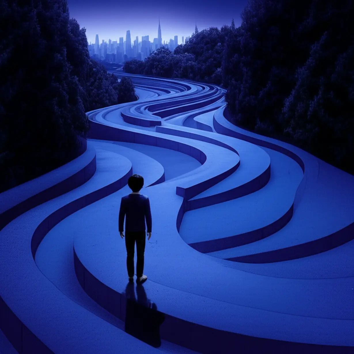 A-3D-image-of-a-mysterious-winding-path-with-a-figure-at-a-crossroads,-representing-plot-twists-and-an-identity-transformation.