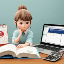 An-illustration-of-an-office-worker-diligently-studying-accounting,-with-a-laptop,-textbook,-and-calculator-on-a-desk,-symbolizing-a-one-month-preparation-for-a-certification-exam.