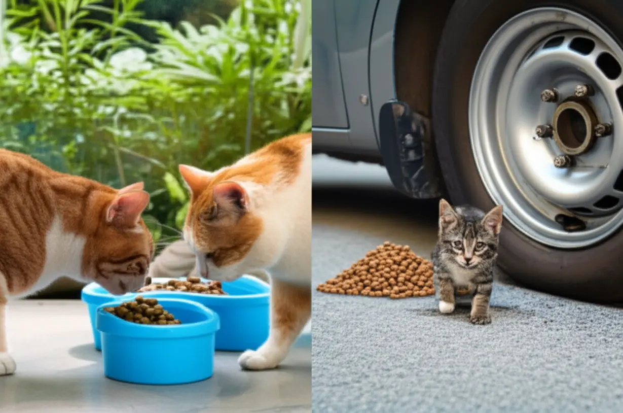 A-cute-3D-image-showing-a-split-scene;-one-side-depicts-a-clean-feeding-station-with-a-happy-cat,-the-other-shows-spilled-food-and-a-cat-near-a-car,-illustrating-the-conflicting-views-on-feeding-stations.