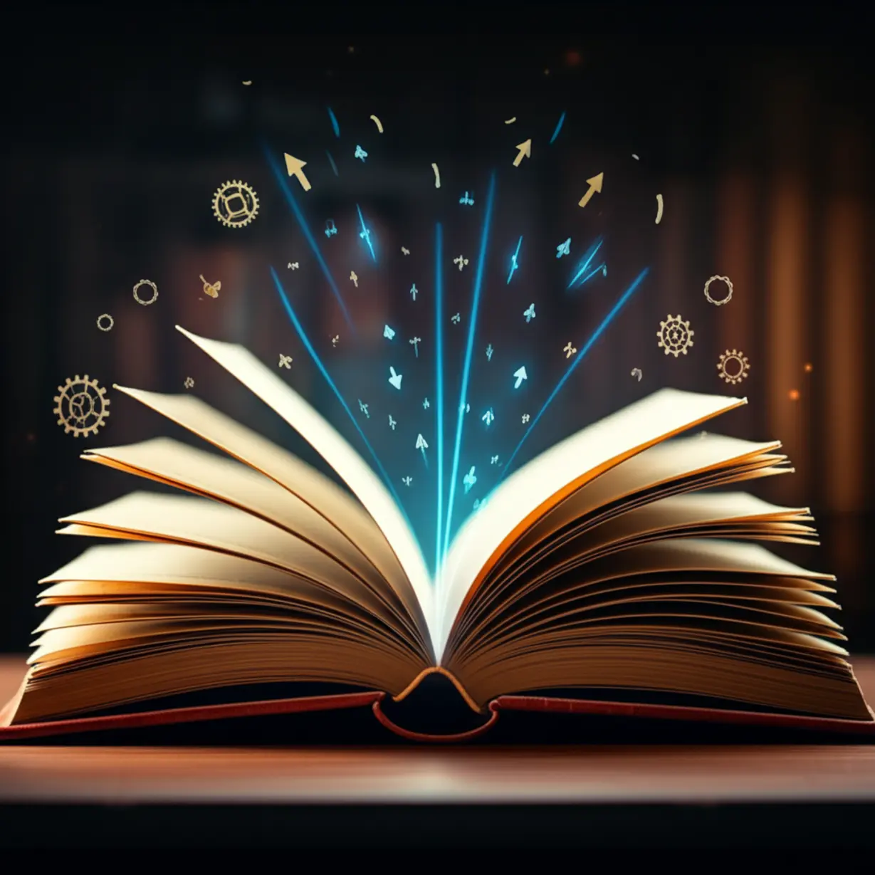 A-cute-3D-image-of-an-open-book-with-radiating-wisdom,-surrounded-by-moving-gears-and-arrows,-symbolizing-proverbs-about-action.