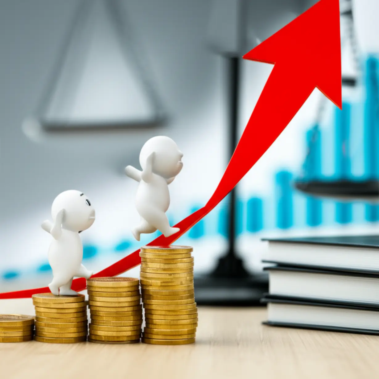 A-cute-3D-illustration-showing-a-character-climbing-a-career-ladder-with-a-rising-salary-graph-and-a-balanced-scale,-symbolizing-career-growth-and-work-life-balance-for-an-Insurance-Review-and-Evaluation-Specialist.