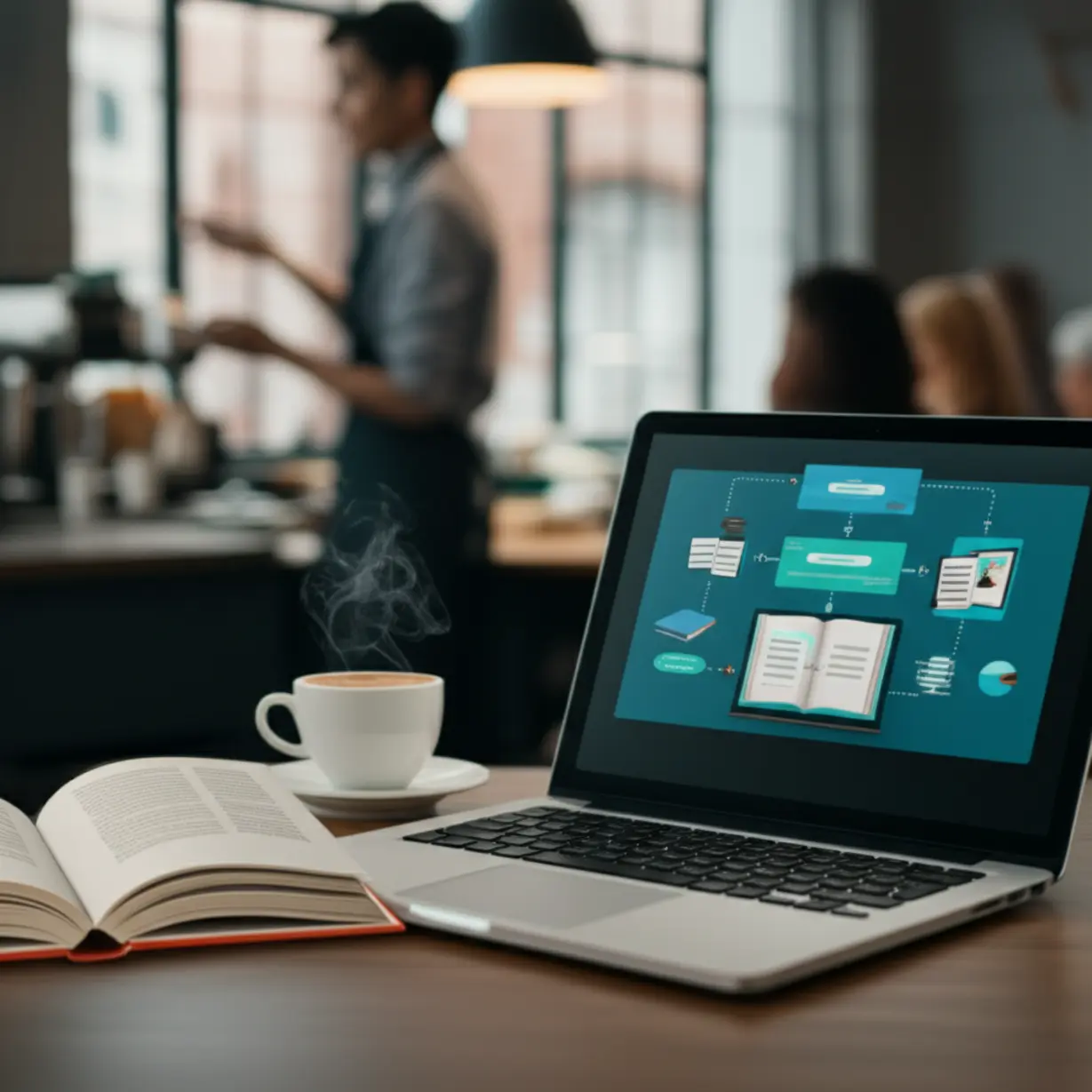 A-3D-cartoon-image-showing-a-textbook,-laptop-with-curriculum,-and-a-barista-teaching,-representing-education.