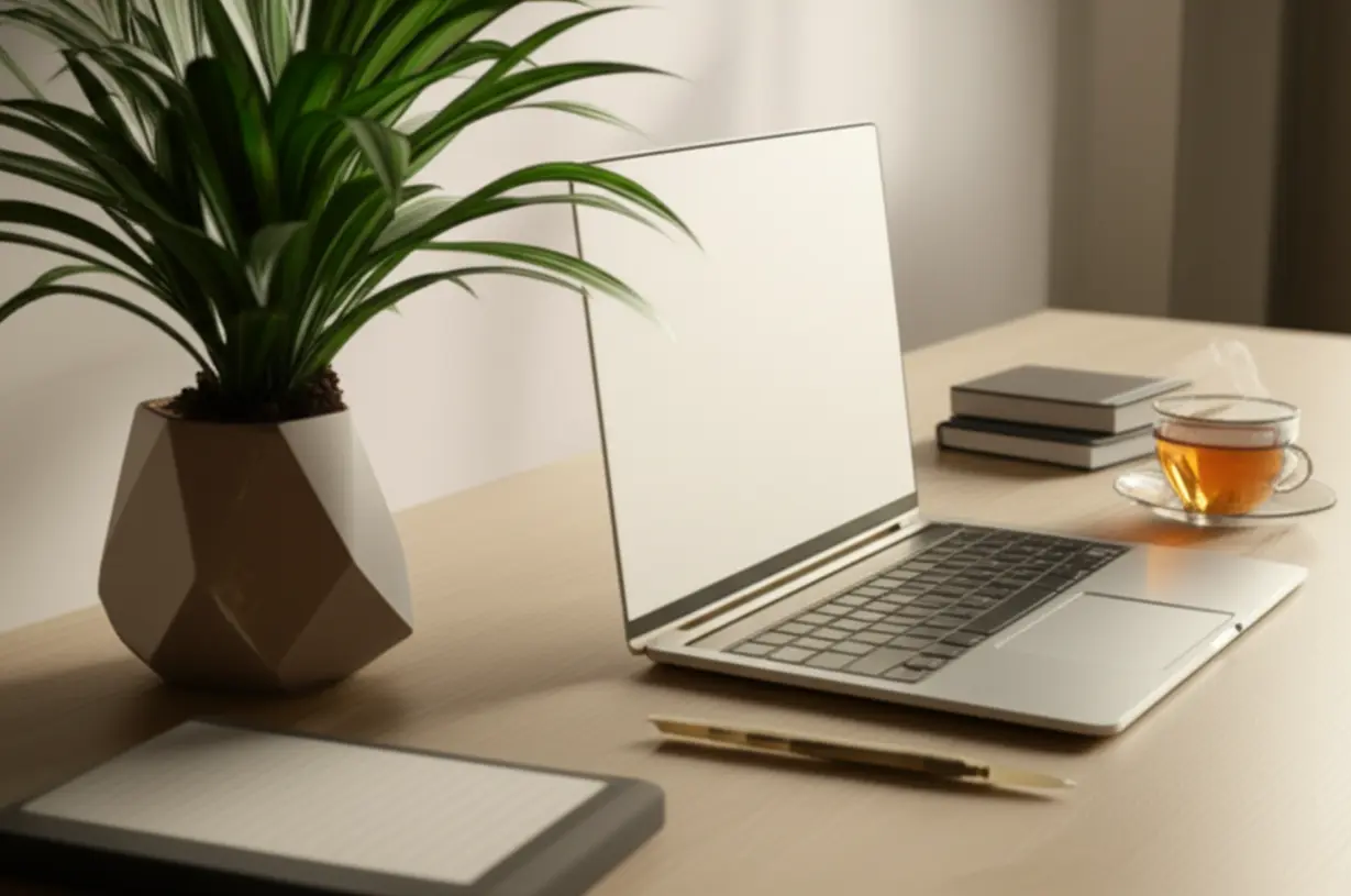 Cute-3D-image-of-a-modern-workspace-with-a-laptop,-plant,-notebook,-and-tea-cup.
