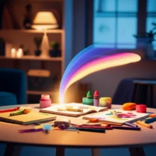 A-warm,-brightly-lit-counseling-room-with-a-table-full-of-colorful-art-supplies,-emanating-abstract-representations-of-emotions,-symbolizing-therapeutic-expression.