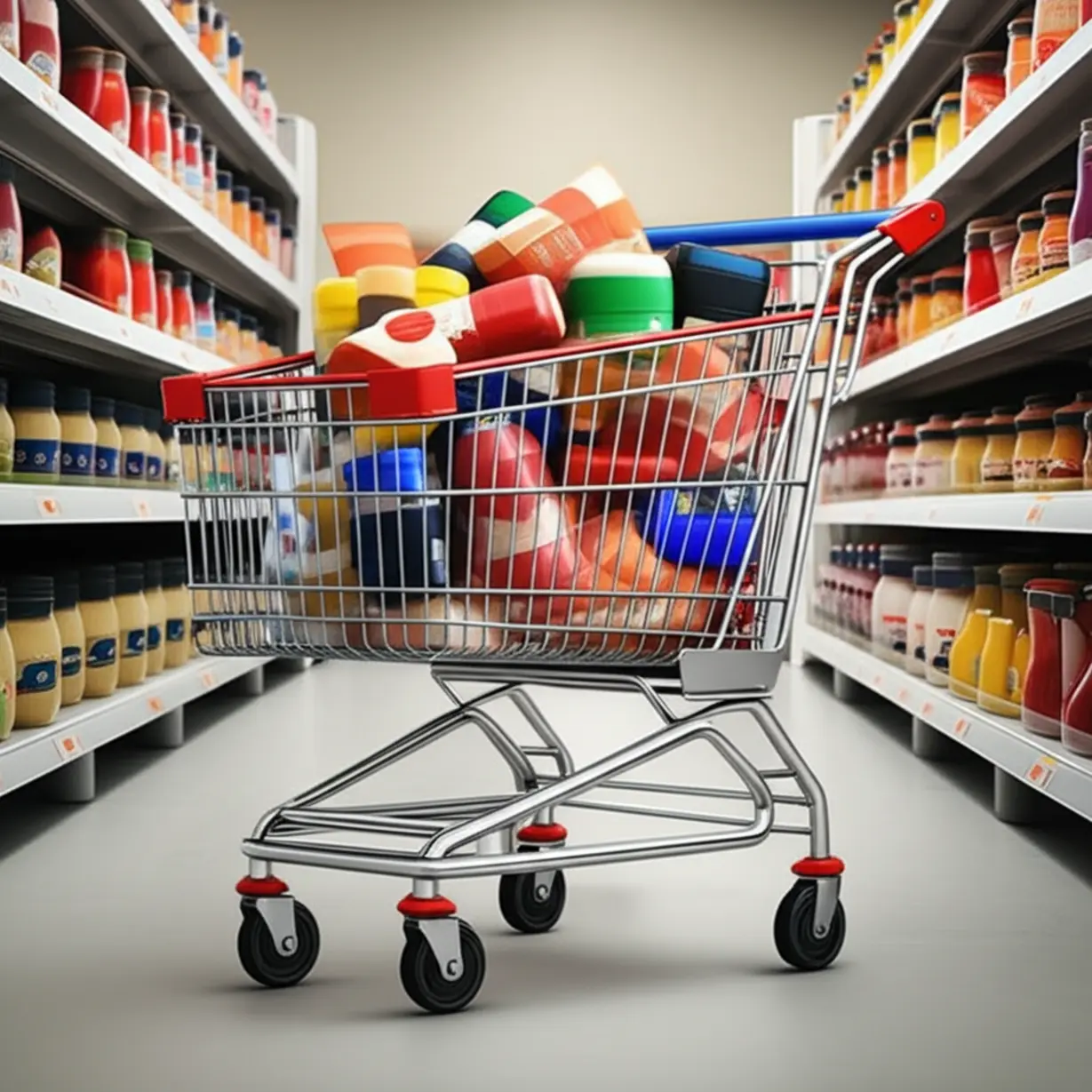 A-3D-illustration-of-a-shopping-cart-filled-with-only-sale-items,-representing-cherry-picking-consumers-in-a-store.