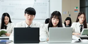 A-cute-3D-image-of-high-school-students-studying-intensely-for-public-corporation-exams-in-a-modern-classroom,-symbolizing-specialized-education-and-a-path-to-success.
