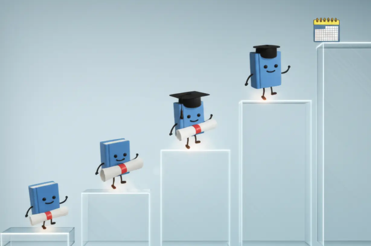 Cute-3D-illustration-of-a-book-character-progressing-through-academic-stages-and-gaining-experience-on-an-upward-path,-symbolizing-librarian-certificate-acquisition.