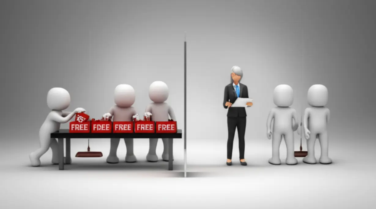 A-3D-illustration-showing-two-groups-of-customers,-one-focused-on-discounts-and-another-engaging-with-a-brand,-symbolizing-customer-segmentation-and-management.