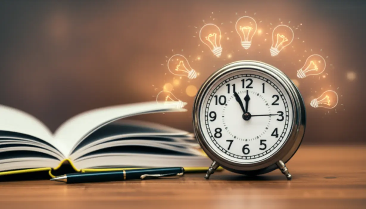시계가-부드럽게-움직이고-있으며,-주변에-학습과-아이디어를-상징하는-빛나는-전구-아이콘들이-둘러싸여-있음.-꾸준한-공부를-의미하는-책과-펜이-시계-옆에-놓여-있음.