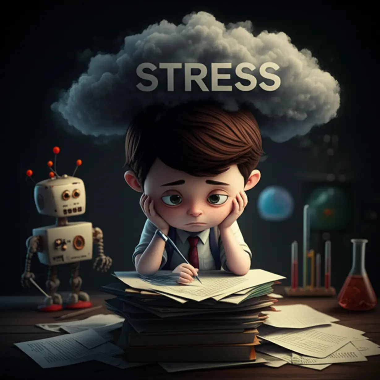 A-3D-rendering-of-a-stressed-student-overwhelmed-by-textbooks,-with-a-dark-cloud-overhead,-symbolizing-lost-passion-for-science-amidst-academic-pressure.