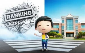 A-3D-rendering-of-a-student-choosing-a-vibrant-path-toward-a-personalized-school-over-a-cloudy-path-marked-with-'ranking'-numbers.