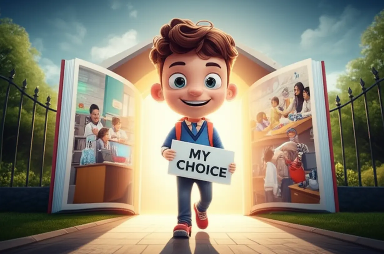 A-3D-rendering-of-a-happy-student-walking-confidently-towards-a-personalized-school-gate-shaped-like-an-open-book,-with-various-tailored-educational-elements-inside.