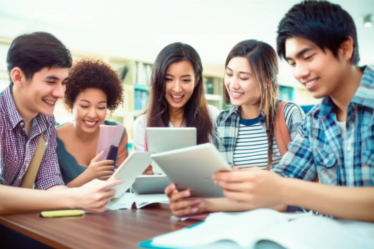 활기찬-대학-교실에서-학생들이-태블릿으로-학습하는-모습