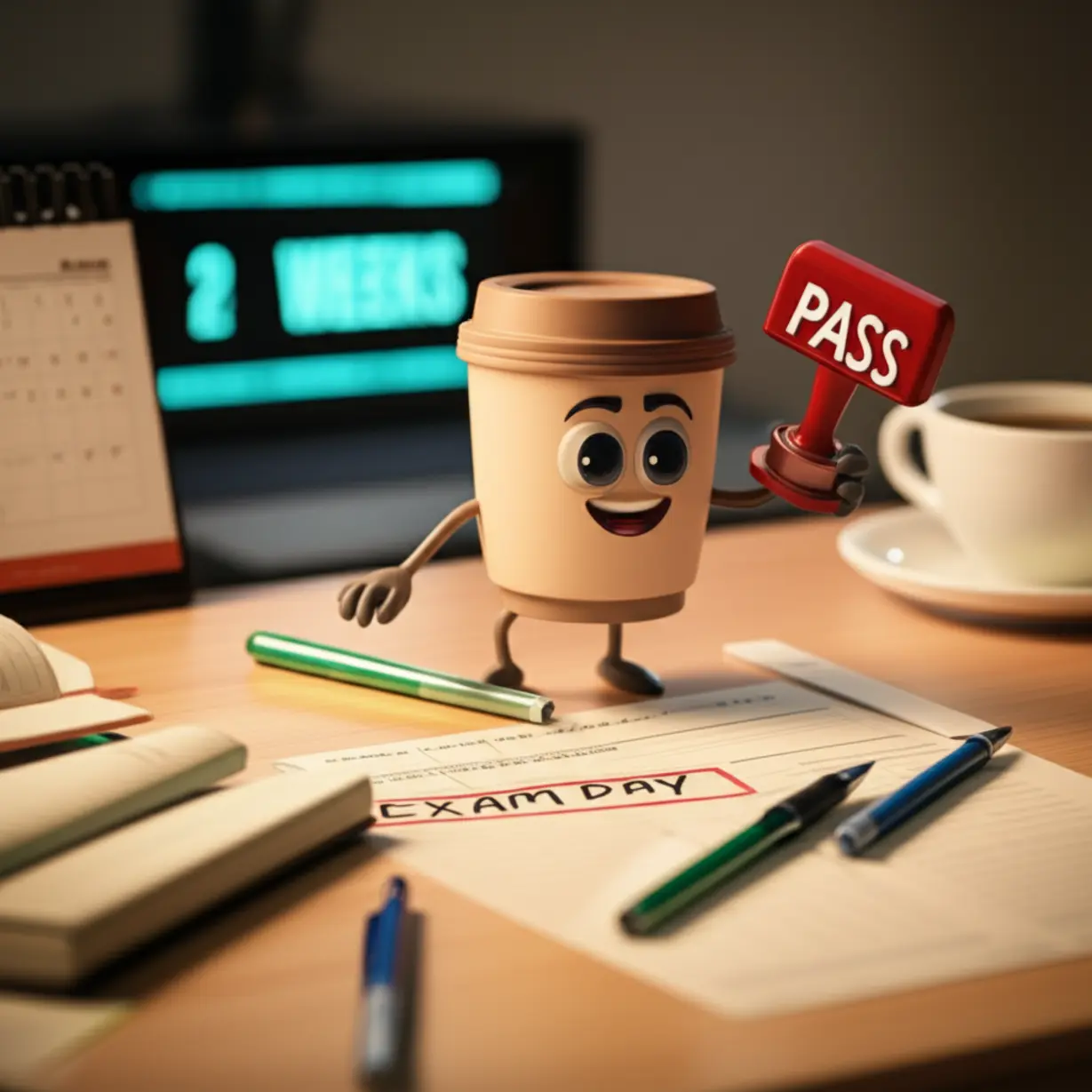 A-3D-cartoon-character-celebrating-passing-an-exam,-surrounded-by-study-materials,-symbolizing-successful-preparation.