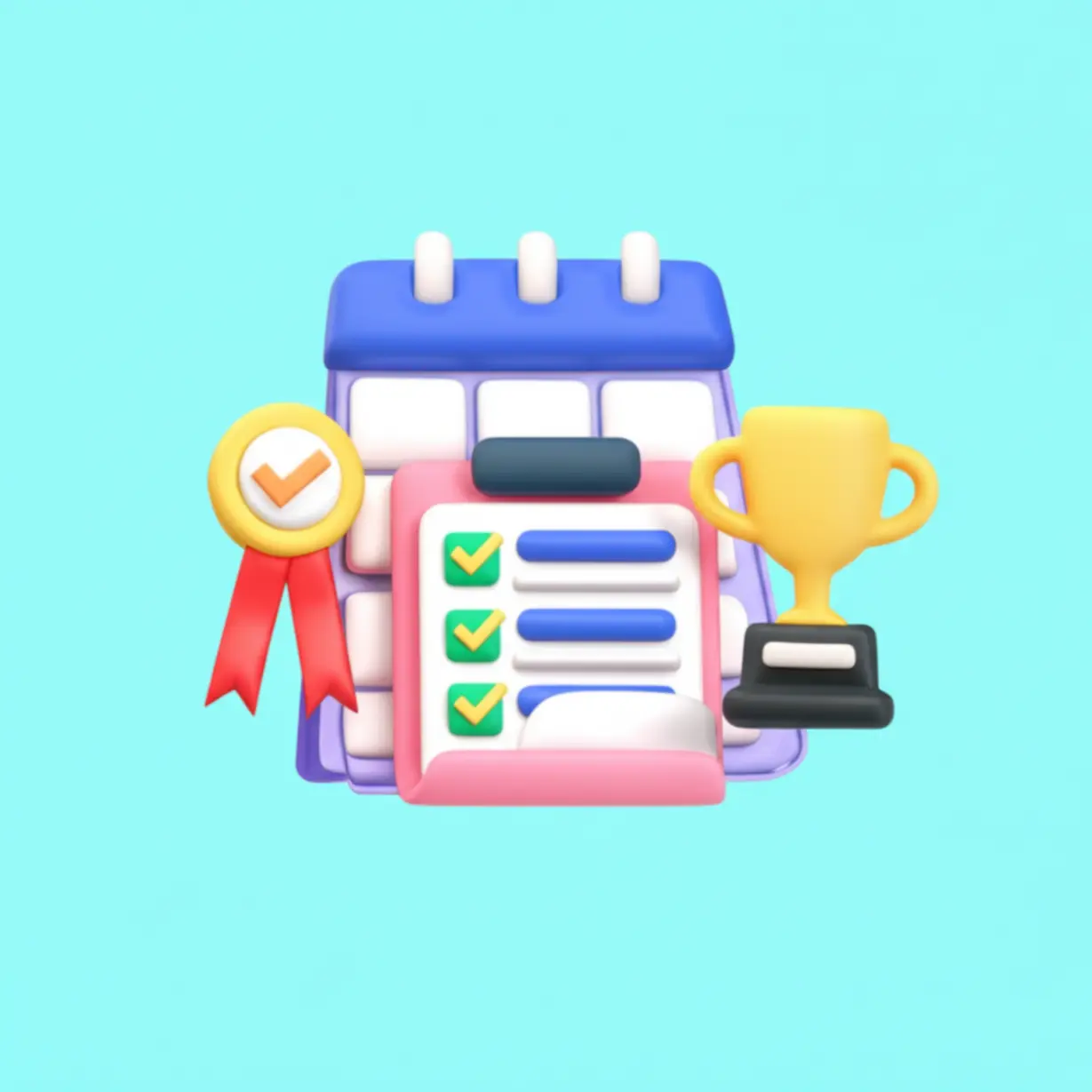 캘린더,-체크리스트,-합격-배지로-구성된-귀여운-3D-학습-계획-및-성공-이미지