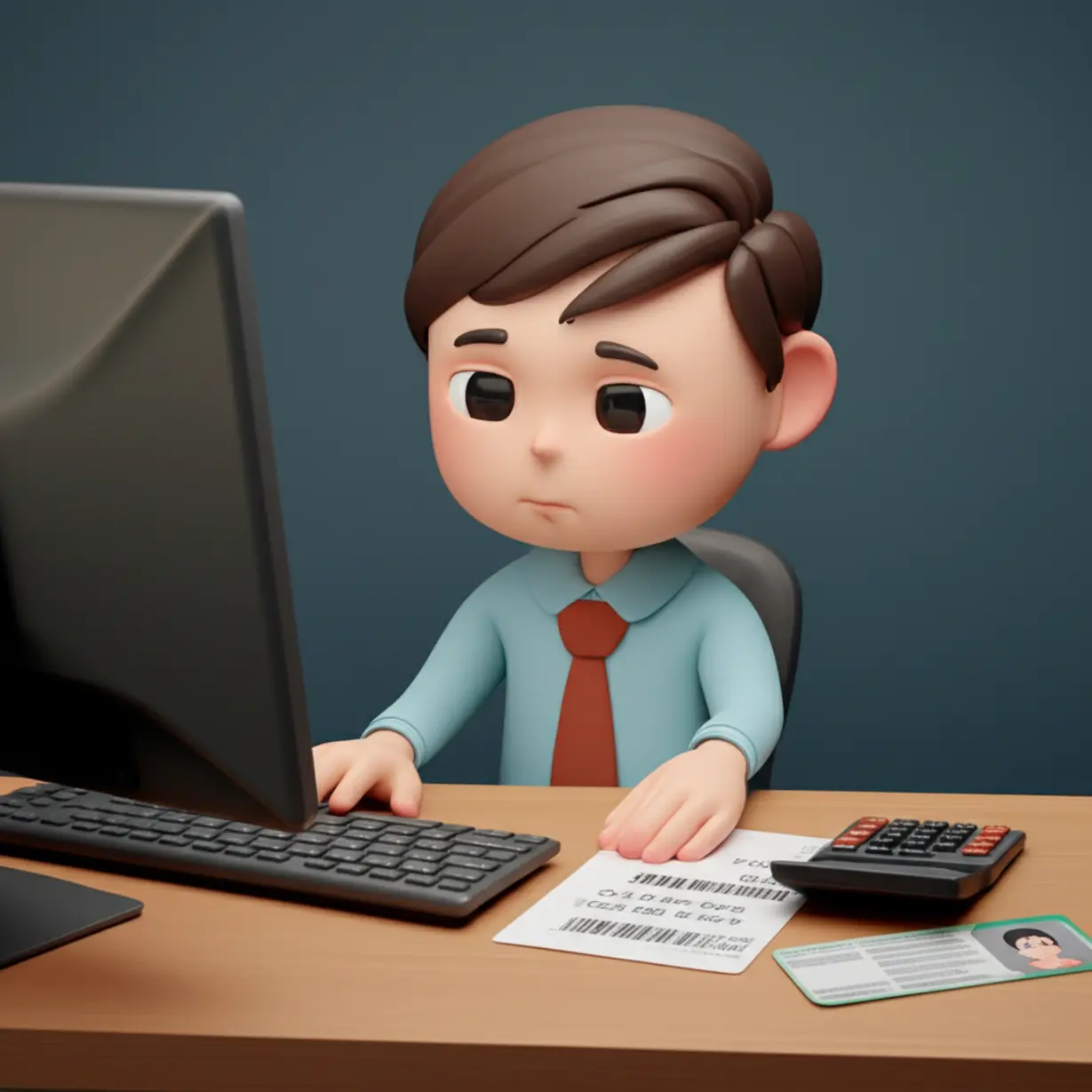 A-stylized-image-of-a-student-sitting-confidently-at-a-computer-during-an-exam,-with-an-exam-ticket,-ID,-and-calculator-on-the-desk,-illustrating-preparation-and-calm-during-testing.