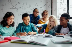 학생들이-함께-수학-문제를-풀고-있는-밝고-현대적인-교실,-성공적인-수학-학습의-모습을-보여줍니다.