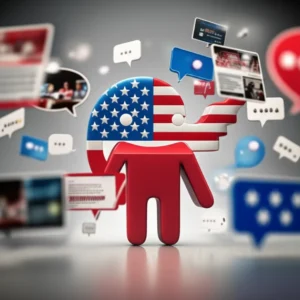 Abstract-3D-illustration-of-American-political-discourse-with-national-colors,-news-elements,-and-speech-bubbles.